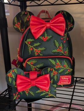 Loungefly Green Holly & Red Bow Kids Mini Backpack with Matching Wallet